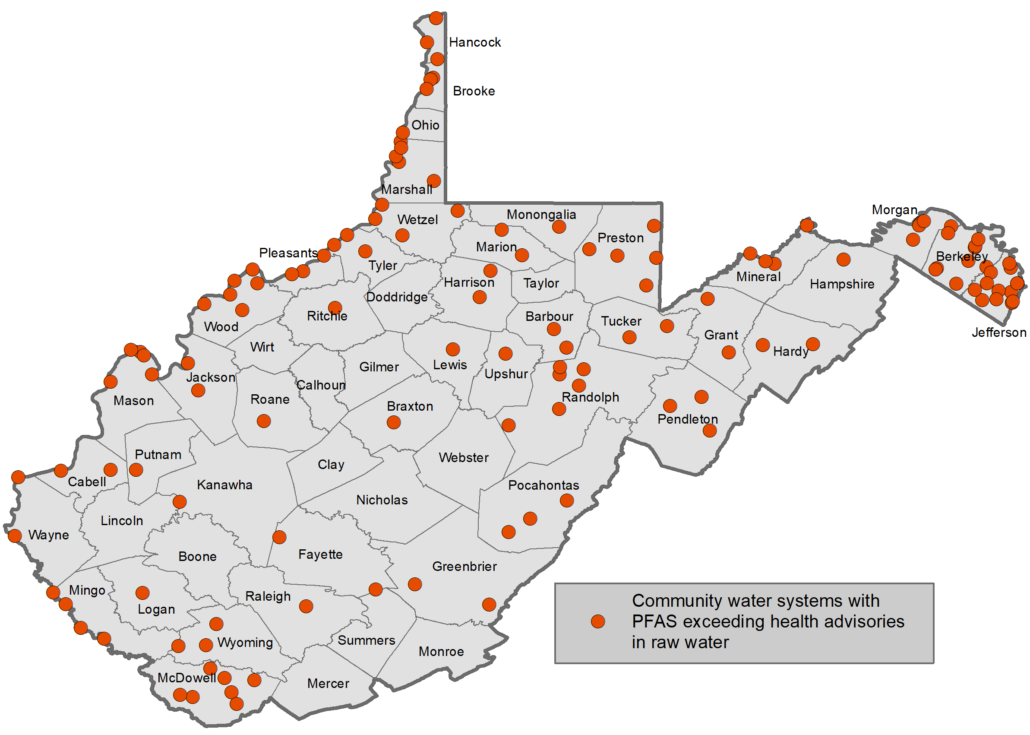 A map of WV depicting detections of PFAS exceeding health advisories at 130 red dots scattered throughout the state.