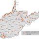 A map of WV depicting detections of PFAS exceeding health advisories at 130 red dots scattered throughout the state.