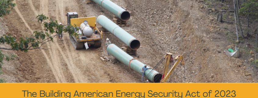Photo of MVP pipeline materials and equipment on a cleared path on a mountain side. Yellow background below photo: Text reads, "The Building American Energy Security Act of 2023 irresponsibly fast-tracks Mountain Valley Pipeline's approval, which says to West Virginians that our water and our communities are not deserving of equal protections under the law." WV Rivers Coalition Logo on bottom right.