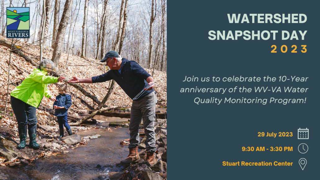 Graphic advertising the 2023 Snapshot Day. There is an image to the left of two volunteers handing off a water quality testing device over a stream. On the right, there is a teal box that says "Join us to celebrate the 10-Year anniversary of the WV-VA Water Quality Monitoring Program! 29 July 2023 9:30 AM - 3:30 PM at the Stuart Recreation Center.