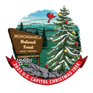 Illustration of the Mon National Forest sign with a decorated tree next to it and a cardinal about to land on it's branch. There is a red ribbon below that says "2023 U.S. Capitol Christmas Tree."